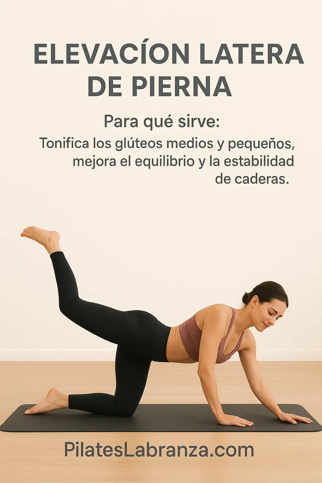 Mujer haciendo elevación lateral de pierna en colchoneta para fortalecer glúteos medios y mejorar estabilidad de caderas