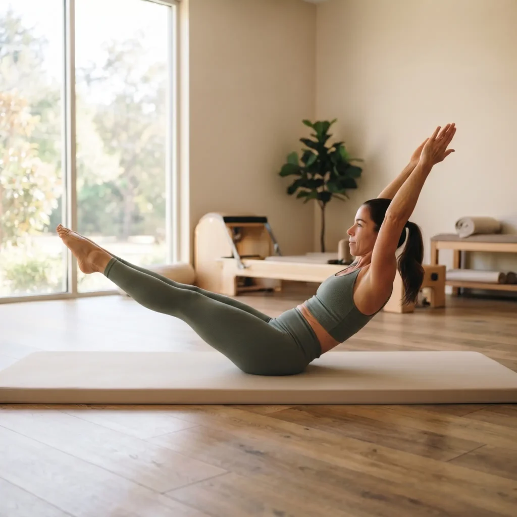Double Leg Stretch en pilates, mujer con brazos y piernas extendidos en diagonal desde posición de abdomen sobre mat, ejercicio avanzado de fuerza abdominal y coordinación.