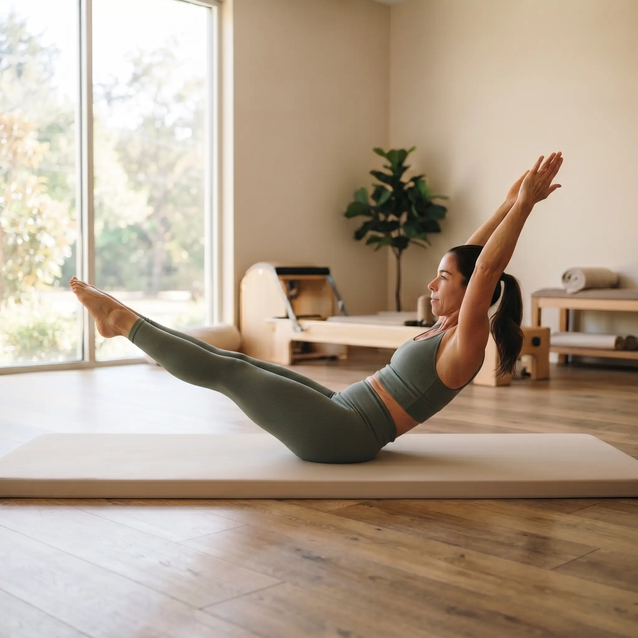 Double Leg Stretch en pilates, mujer con brazos y piernas extendidos en diagonal desde posición de abdomen sobre mat, ejercicio avanzado de fuerza abdominal y coordinación.