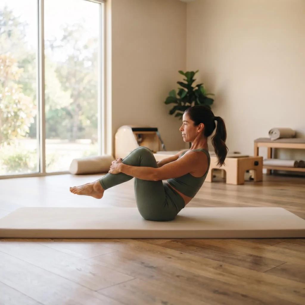 Mujer practicando Rolling Like a Ball en pilates, sentada en equilibrio sobre el mat con rodillas al pecho, ejercicio para fortalecer el core y la columna vertebral