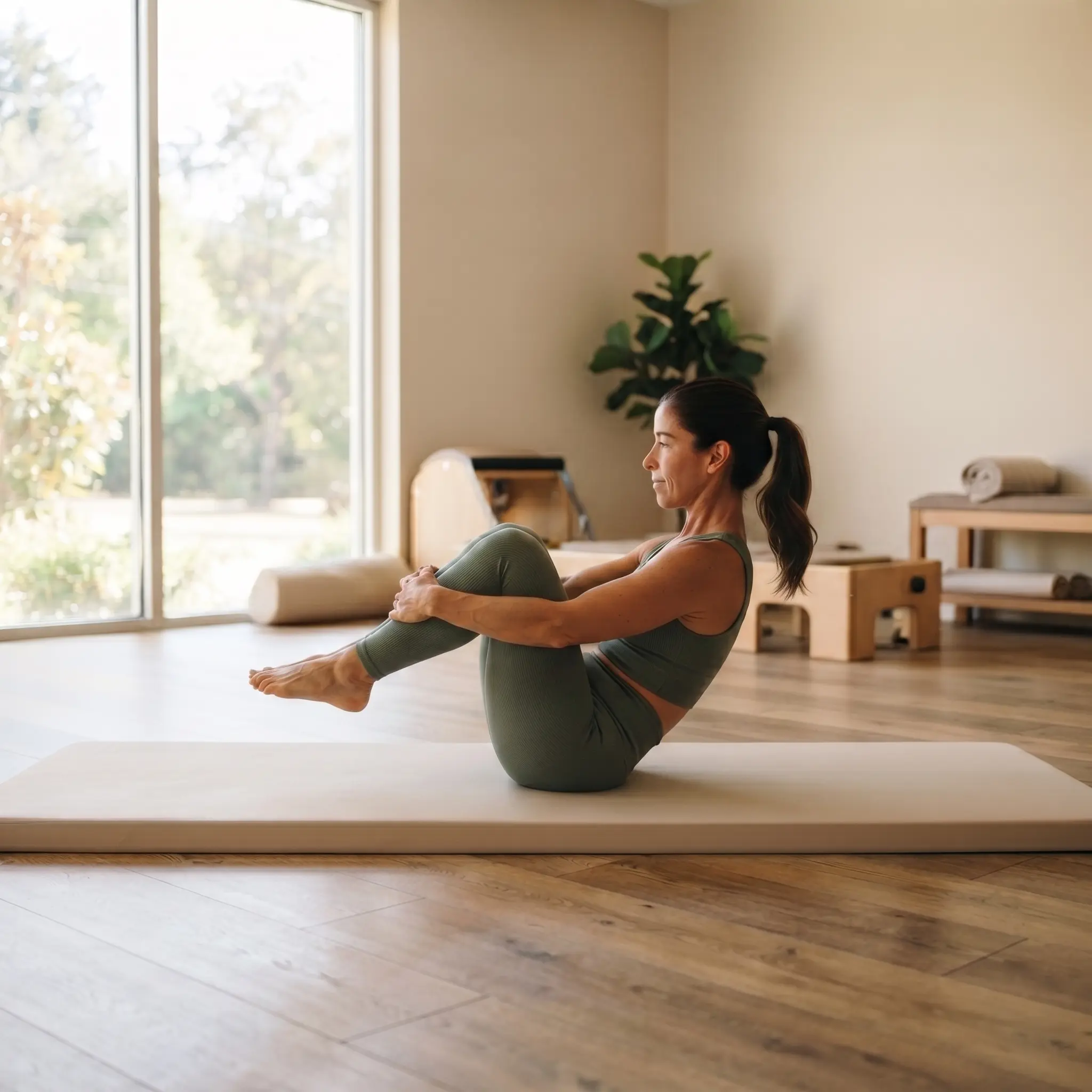 Mujer practicando Rolling Like a Ball en pilates, sentada en equilibrio sobre el mat con rodillas al pecho, ejercicio para fortalecer el core y la columna vertebral