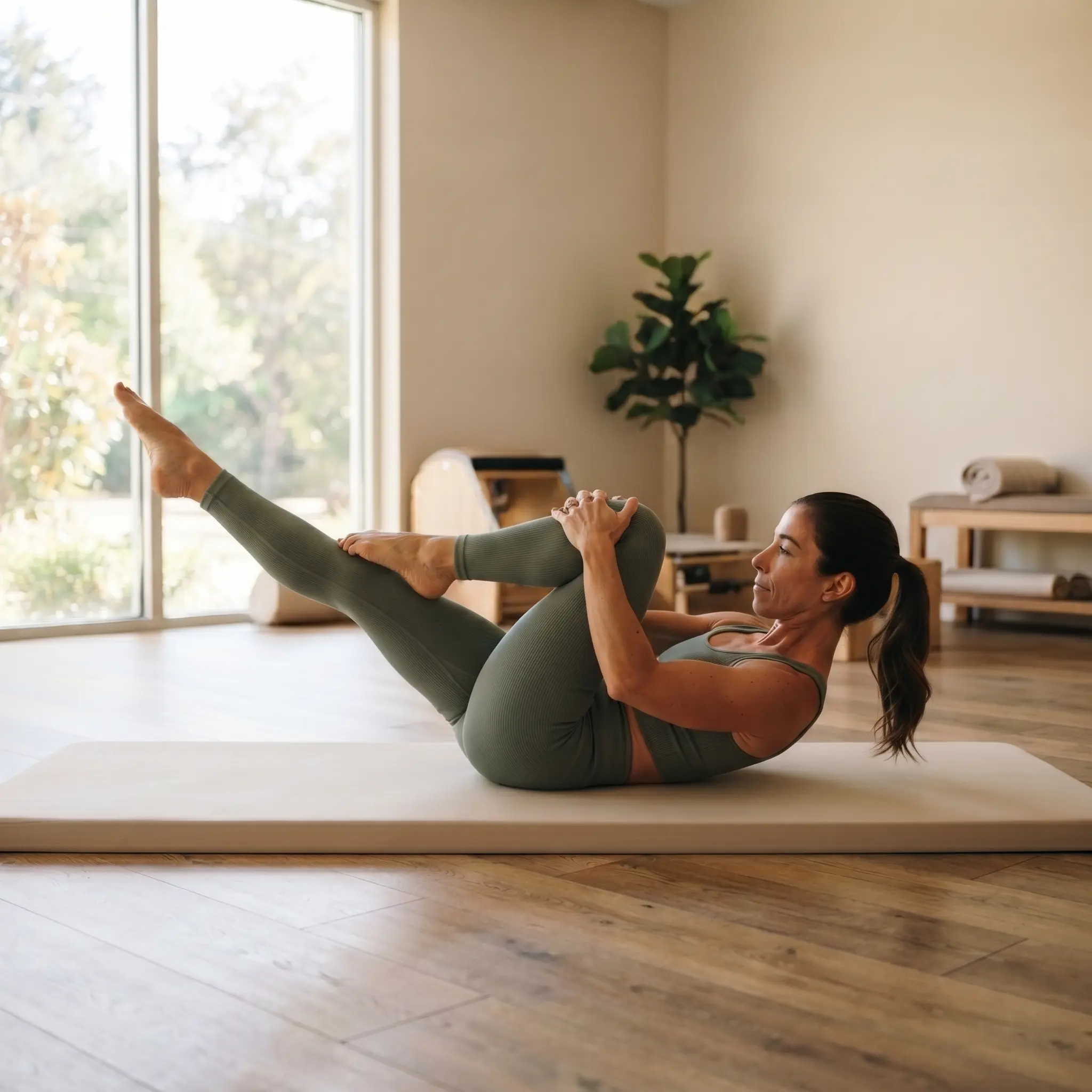 Ejercicio de pilates Single Leg Stretch, mujer en mat extendiendo una pierna mientras sostiene la rodilla contraria, rutina para abdominales y estabilidad del core.
